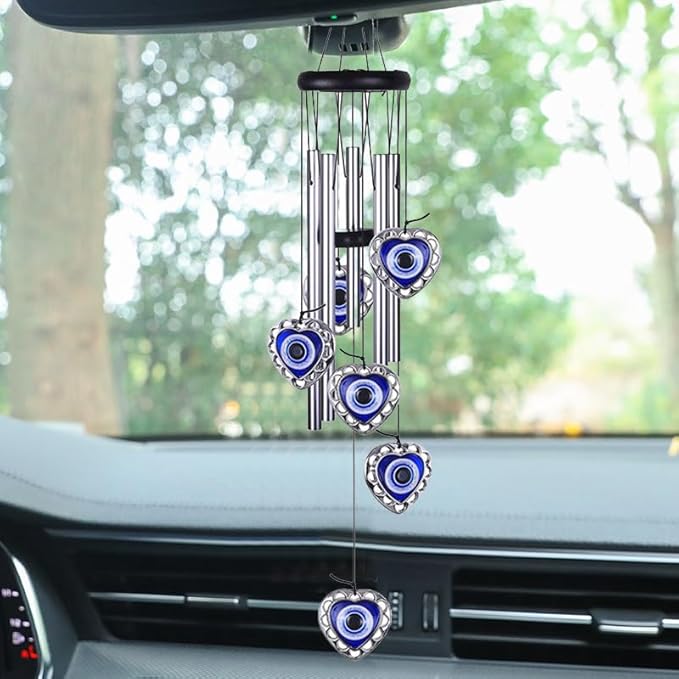 Blue Evil Eye Heart Wind Chimes, Metal Tubes Hanging Ornaments, Car Outdoor Garden Decor (Heart)