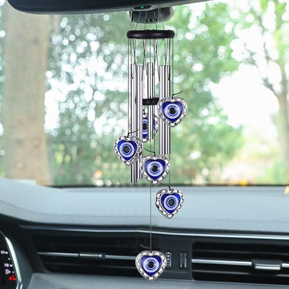 Blue Evil Eye Heart Wind Chimes, Metal Tubes Hanging Ornaments, Car Outdoor Garden Decor (Heart)