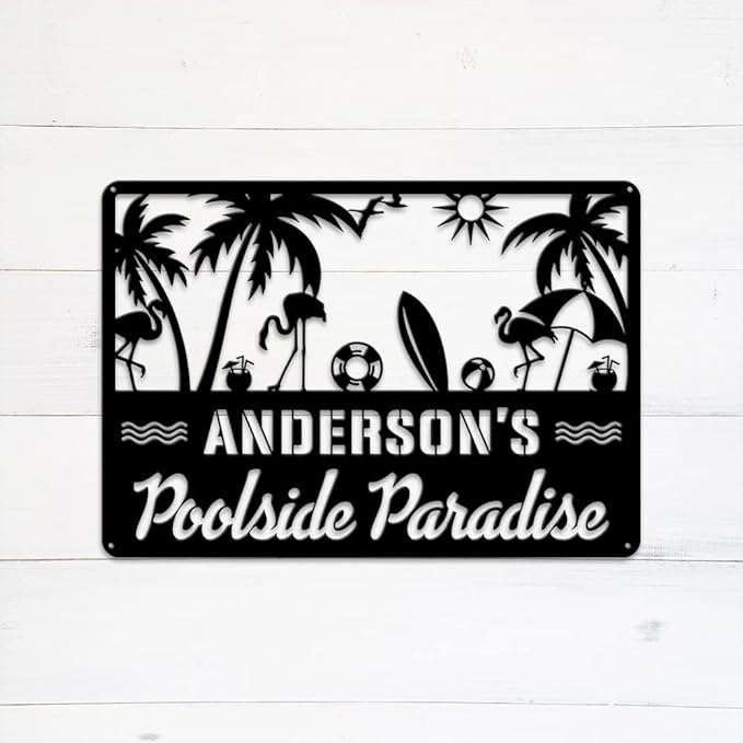 MeMate Outdoor Decor - Personalized Metal Sign for Pool, Patio, Porch, Deck - Flamingo Large Sign for Outside - Housewarming Gift