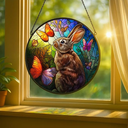Stained Glass Window Hanging - Rabbit with Butterflies and Leaves Sun Catchers Indoor Stained Glass Panels Wall Decor for Mom Wife Lovers Festive