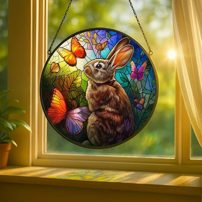 Stained Glass Window Hanging - Rabbit with Butterflies and Leaves Sun Catchers Indoor Stained Glass Panels Wall Decor for Mom Wife Lovers Festive