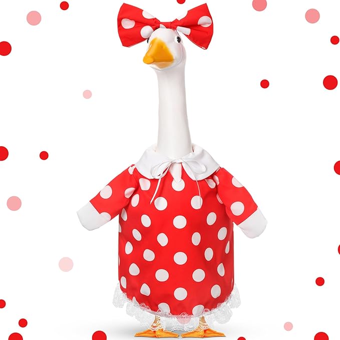 FuWeave Spring Goose Outfit Flower Porch Goose Clothes for 23" Large Statue Outdoor Patio Yard Lawn Art Decoration(Red White Dots,23 inch)