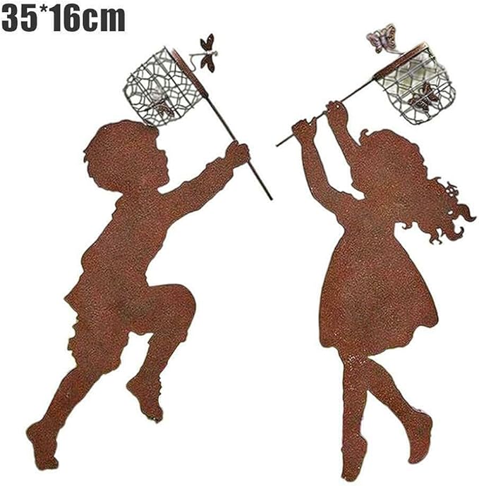 Boy Girl Silhouettes Chasing Butterfly Vintage Metal Garden Silhouette Sculpture, Yard Garden Metal Stake Rustic Decor Gift for Lawn Family Friends