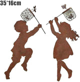 Boy Girl Silhouettes Chasing Butterfly Vintage Metal Garden Silhouette Sculpture, Yard Garden Metal Stake Rustic Decor Gift for Lawn Family Friends