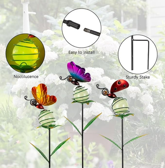 Stargarden Decorative Garden Stakes, 3 Pack Colorful Metal Garden Stakes, Luminous Butterfly Insect Metal Yard Art, Waterproof Garden Decor for Indoor, Outdoor