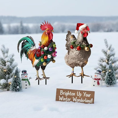 SUPVOX Christmas Rooster Chicken Yard Signs with Stakes 2pcs Metal Xmas Outdoor Yard Chicken Signs Christmas Animal Yard Sign Art Decoration for Lawn Garden Holiday Supplies