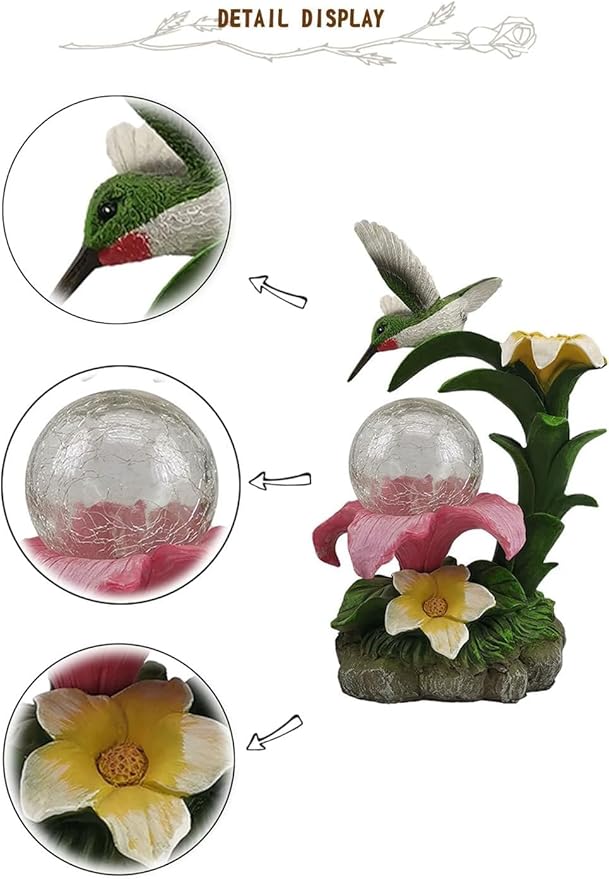 Eletina Resin Hummingbird Solar Light with Flower Garden Decorations,Waterproof Statues and Figurines Light Garden Art for Patio Lawn Yard Decorations (Resin Hummingbird Solar2)
