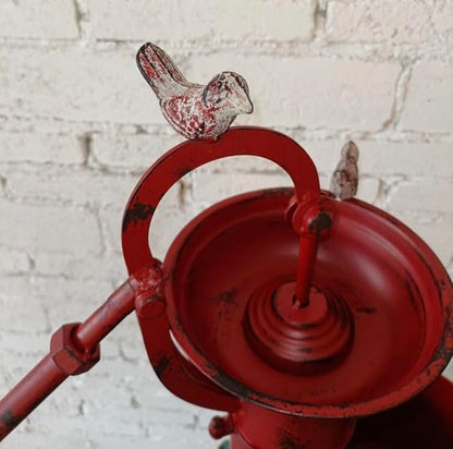 Vintage Garden Water Pump Decor, Rustic Wrought Iron Bird Bath, Red, Blue, White, Rust, Outdoor Yard Decor, Height 22 Inches (red)