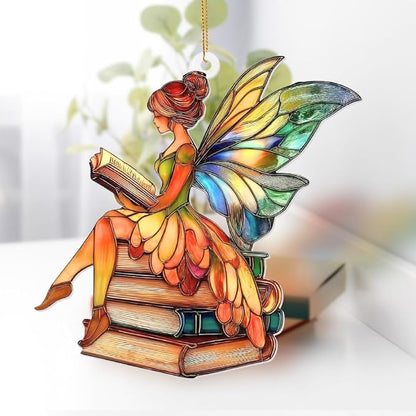 Reading Fairy Book Ornament – Stained Glass Style Acrylic Christmas Ornament, Book Lover Gift for Women, Teacher & Librarian Book Club Decorations, Fantasy Ornament Holiday Décor(Sun-15)