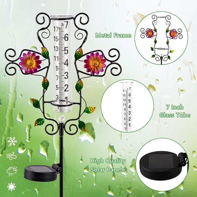 Rain Gauge Outdoor Solar Powered LED Lights Rain Gauge Color Changeable Decorative Water Gauge for Yard,Garden,Patio,Lawn