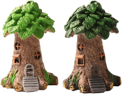 2PC Resin Fairy Tale Treehouse Figurine, Miniature Garden Gnome Home, Plant-Themed Collectible for Indoor/Outdoor Decor & DIY Bonsai/Fairy Garden