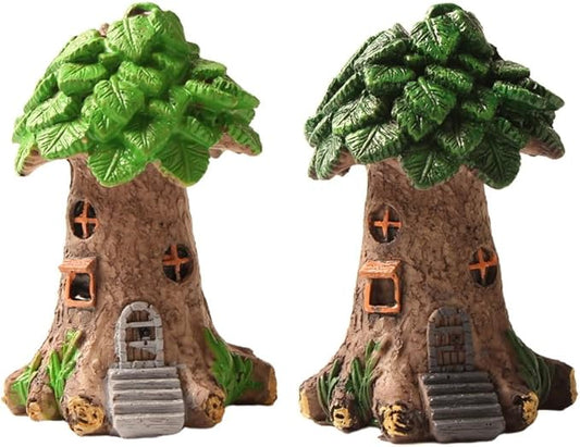 2PC Resin Fairy Tale Treehouse Figurine, Miniature Garden Gnome Home, Plant-Themed Collectible for Indoor/Outdoor Decor & DIY Bonsai/Fairy Garden