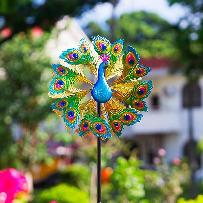 Wind Spinners Outdoor Peacock, 63 Inch Double-Sided Garden Windmill for Yard with 8 Green Feather Blades, Large Metal Garden Wind Spinner