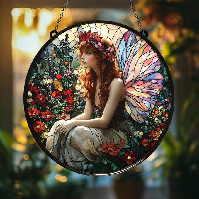 Fairy Flower Suncatcher Acrylic Window Hangings Unique Garden Gift for Mom Handmade Modern Home Decor Suncatchers Windows Indoor Hanging Decorations Outdoor