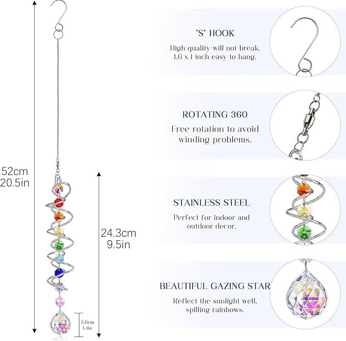 H&D HYALINE & DORA 5 Pack Sun Catchers Crystal Suncatchers for Windows Hanging Gazing Ball Spiral Tail Wind Spinners for Yard and Garden Indoor Home Decor