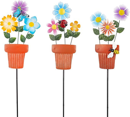 3 Pcs Metal Flower Garden Stakes, 24" H Flower Pot Shape Decorative Garden Stakes, Metal Yard Art for Outdoor Spring Lawn Patio Pathway Decor
