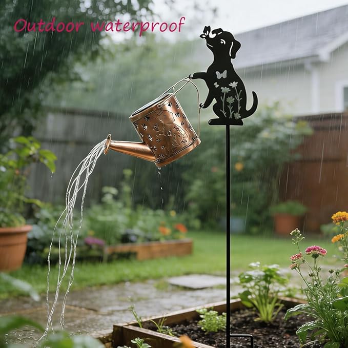 Outdoor Dog Statue Solar Watering Can with Lights, Complete with Netal Dog Silhouette Garden Stake. Ldeal for Garden, Lawn and Courtyard Decoration, A Unique Gift for Mothers and Women.