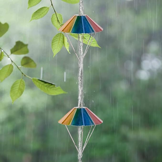 9.6 Ft Rain Chains for Outside, Colorful Parachute Shape Rain Catcher Chain with 10 Cups for Eaves Drainage, Replacement Downspout for Gutters