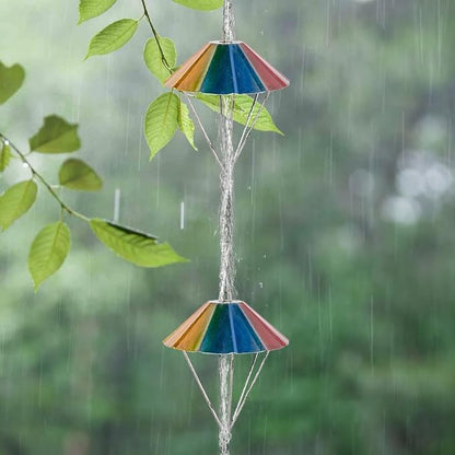9.6 Ft Rain Chains for Outside, Colorful Parachute Shape Rain Catcher Chain with 10 Cups for Eaves Drainage, Replacement Downspout for Gutters