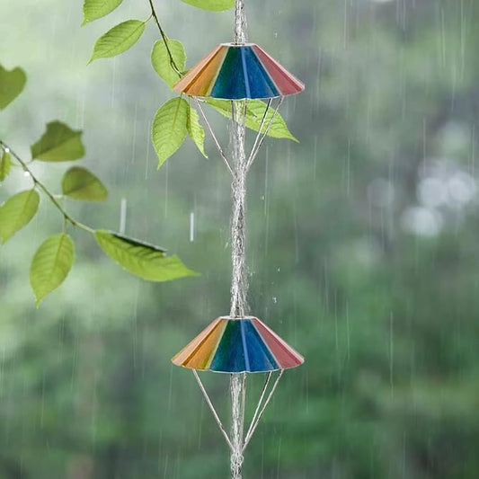 9.6 Ft Rain Chains for Outside, Colorful Parachute Shape Rain Catcher Chain with 10 Cups for Eaves Drainage, Replacement Downspout for Gutters