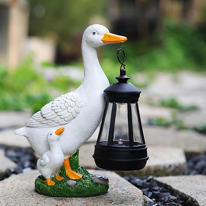 Garden Duck Statue with Solar Lantern, 7.7 Inches Resin White Duck Figurines Light Yard Art Sculpture Outdoor Decor for Patio Lawn Backyard Porch Ornaments
