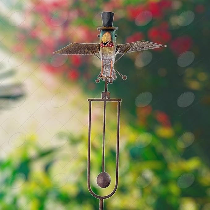 Red Carpet Studios Garden Stake Yard Art Metal and Glass Balance Rocker with Stake, 20-Inches, Flying Bluebird in Hat
