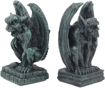 Ebros Gift Notre Dame Castle Top Guardian Mini Gargoyles Crouching On Stone Pedestals Resin Figurine Set of 2 Miniature Fairy Garden Gargoyle Sculpture Pair 2.5" Tall