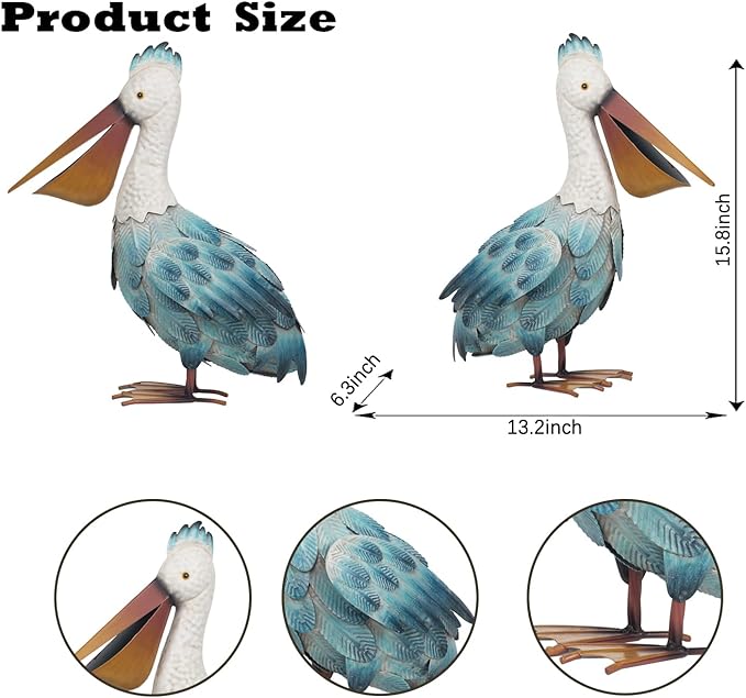 Kircust Pelican Statue Outdoor Bird Sculptures Home Decor Pond Ornaments Metal Yard Art Sculptures for Backyard Porch Patio Pond Decorations