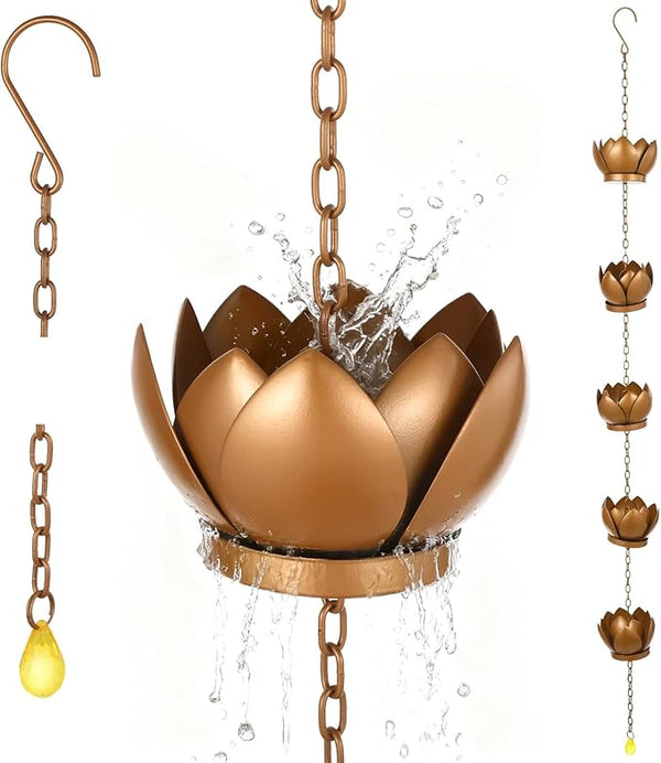 Cup Rain Chain 3.9 Ft, Copper Plated Cups, Yellow Crystal Pendant, Gutter Downspout Replacement