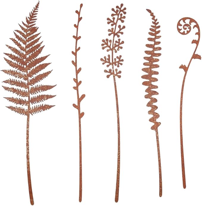 GORGECRAFT 5Pcs 5 Styles Metal Decorative Garden Stakes Rusty Iron Rustic Plants Fern Leaves Shaped Art Decor Signs Stake for Outside Lawn Yard Art Outdoor Walkway Potted Accessory