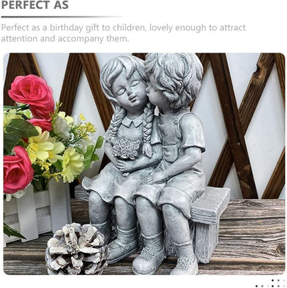 Yardwe Resin Kissing Figurines Outdoor Garden Statue Boy and Girl Couple Sculpture Table Decor for Patio Lawn and Home Decoration