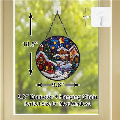 Stained Glass Window Hanging - Christmas Snowy Village at Night Sun Catchers Panel for Indoor Decorative Display for Mom, Wife, Lovers, Festive