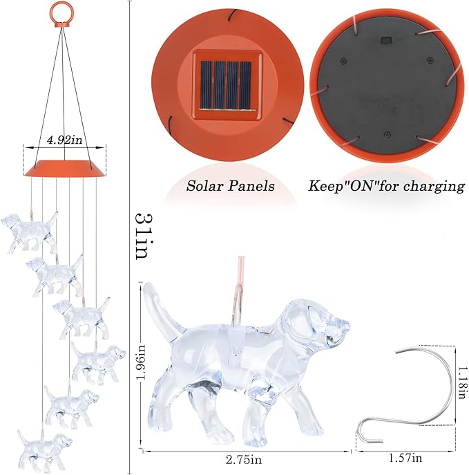 Dog Solar Wind Chimes for Outside Colors Changing Lights Outdoor Waterproof Multicolor Wind Chime Gifts for Mom Grandma Mobile Hanging Windchimes for Garden Party Yard Window Decor