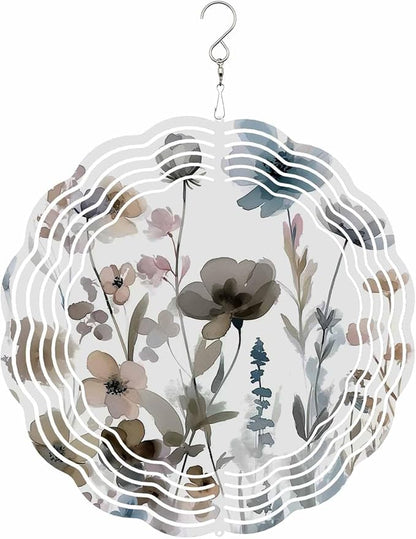 Stainless Steel Wind Spinner for Yard Garden Decoration, Ink Painting Wildflowers Nature Style Round Wind Sculpture Spinner 3D Crafts Hanging Ornaments for Indoor Outdoor, 8 Inch