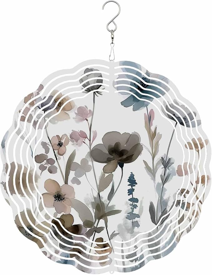 Stainless Steel Wind Spinner for Yard Garden Decoration, Ink Painting Wildflowers Nature Style Round Wind Sculpture Spinner 3D Crafts Hanging Ornaments for Indoor Outdoor, 8 Inch