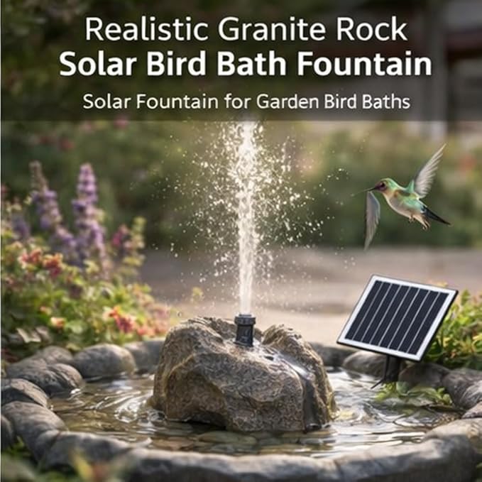 Realistic Granite Rock Solar Bird Bath Fountain - Solar Fountain for Bird Bath with Solar Panel Resin Granite Rock, Solar Powered Bird Bath Fountain for Garden Ponds (Gray)