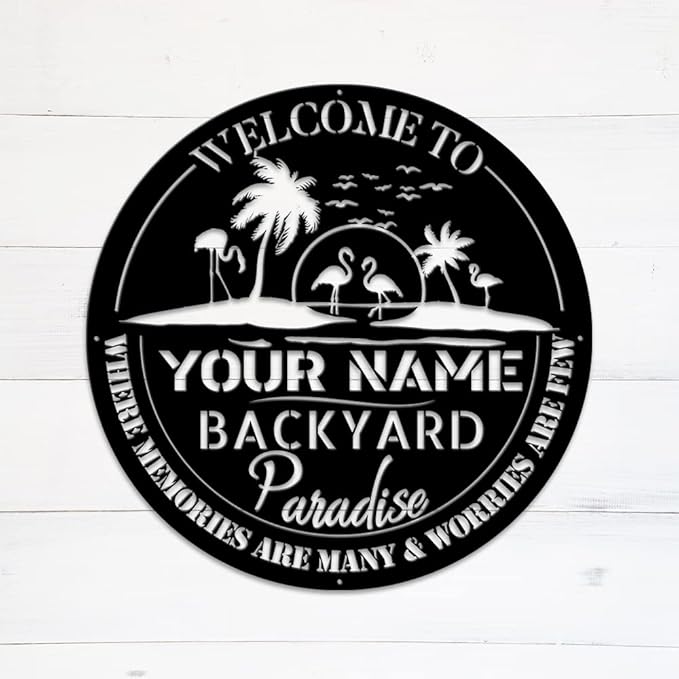 MeMate Backyard Sign Outdoor Decor, Personalized Metal Sign for Backyard, Patio, Custom Name Signs for Garden Porch, Deck, Large Metal Sign