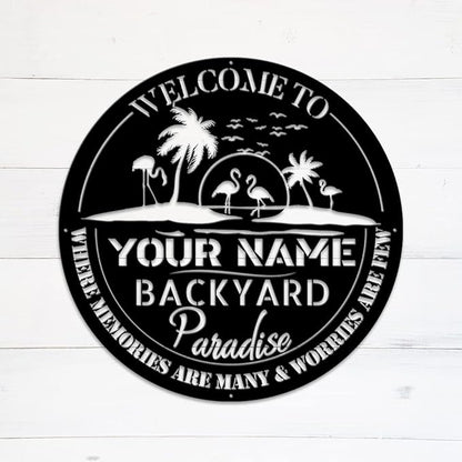 MeMate Backyard Sign Outdoor Decor, Personalized Metal Sign for Backyard, Patio, Custom Name Signs for Garden Porch, Deck, Large Metal Sign
