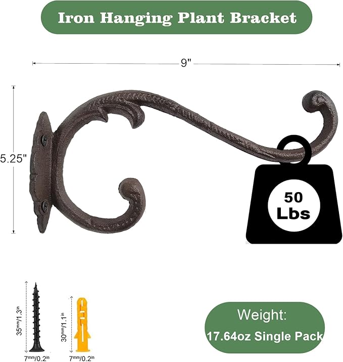 Z metnal Cast Iron Plant Hanger - 9 inch Rustic Wall Mounted Hanging Basket Holder for Outdoor Garden, Patio, Porch Decor - Heavy Duty Metal Hook Bracket, Double Hook
