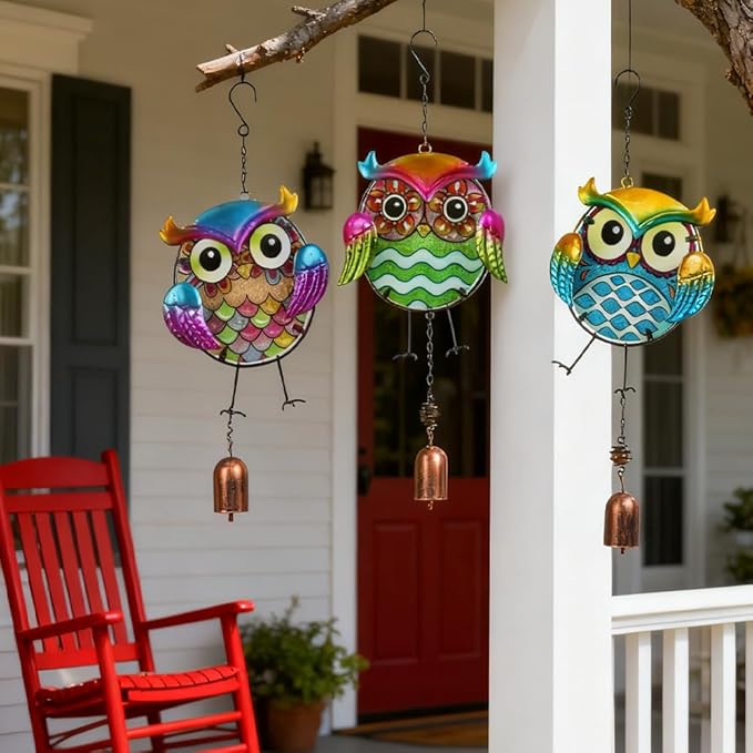 Owl Wind Chimes 3 Pack - Metal Wind Chimes for Outside, Waterproof Rustproof Garden Decor with Hooks, Handcrafted Birthday Gifts for Friends, Patio & Yard Decoration