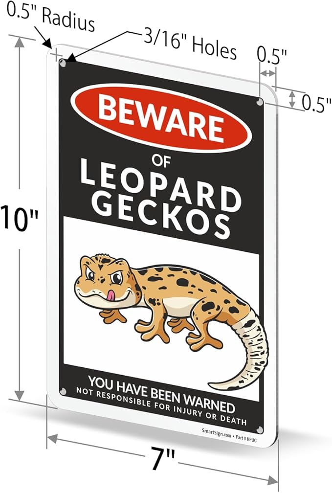 SmartSign Funny Beware Of Leopard Geckos Warning Sign - 10"x7", 40 mil Laminated Rust-free Aluminum - Metal Signs for Wall Decor, Bathroom, Outdoors, Patio, Gifts, Cafe - Geckos Theme, Made in USA