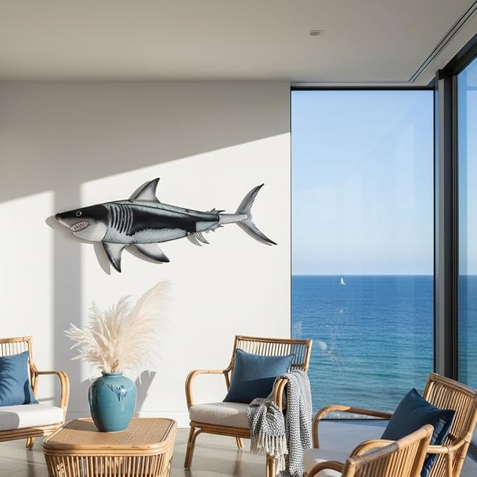 LIFFY Metal Shark Wall Decor, 36 Inch Large Fish Wall Art with Glass Accents, Hanging Ocean Theme Artworks Sculpture Decorations for Indoor Outdoor, Unique Nature Gift for Sharks Lover
