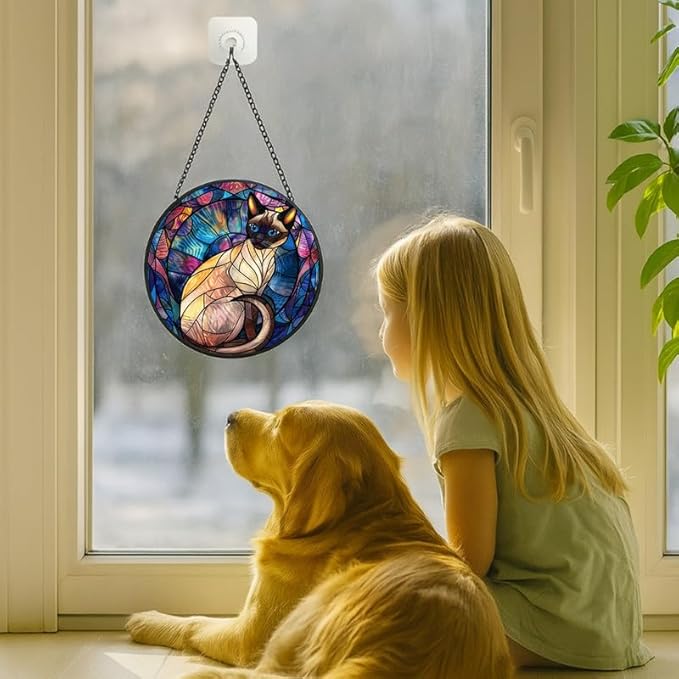 Stained Glass Window Hanging - Halloween Siamese Cat， 6.3in Sun Catchers Panel for Indoor Decorative Display for Mom， Wife， Lovers， Festive