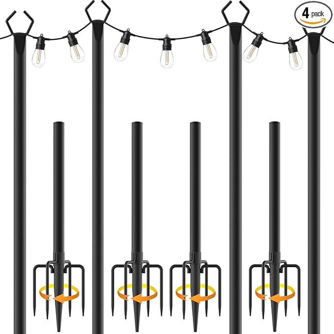 AILBTON 10Ft String Light Poles 4 Pack,Light Poles for Outside Lights,Outdoor with Fence Brackets Hanging Lights,Metal Stand Deck Patio Backyard