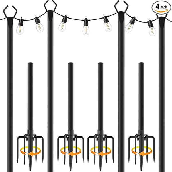 AILBTON 10Ft String Light Poles 4 Pack,Light Poles for Outside Lights,Outdoor with Fence Brackets Hanging Lights,Metal Stand Deck Patio Backyard