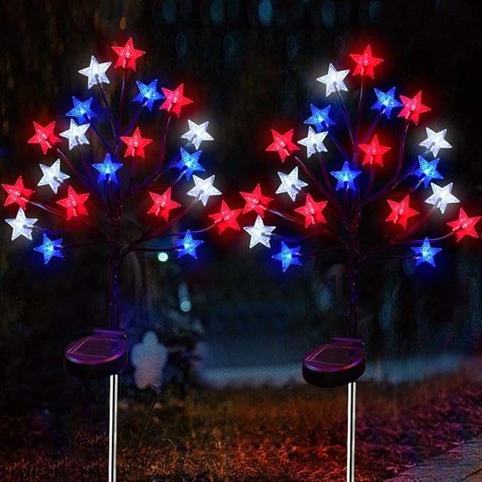 2 Packs Solar 4th of July Decorations Star Stake Lights, Waterproof Outdoor Red White and Blue Star Lights, 20LEDs with 3D Shaped Crystal Star Lights for Yard Garden Pathway Decorations
