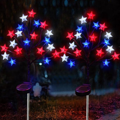 2 Packs Solar 4th of July Decorations Star Stake Lights, Waterproof Outdoor Red White and Blue Star Lights, 20LEDs with 3D Shaped Crystal Star Lights for Yard Garden Pathway Decorations