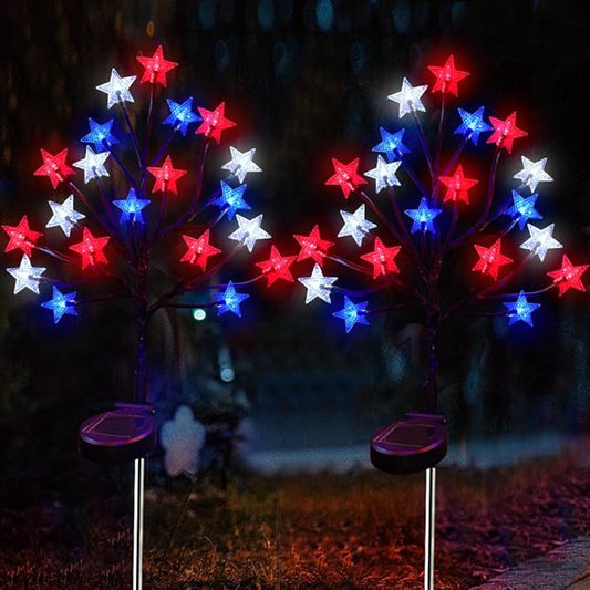 2 Packs Solar 4th of July Decorations Star Stake Lights, Waterproof Outdoor Red White and Blue Star Lights, 20LEDs with 3D Shaped Crystal Star Lights for Yard Garden Pathway Decorations