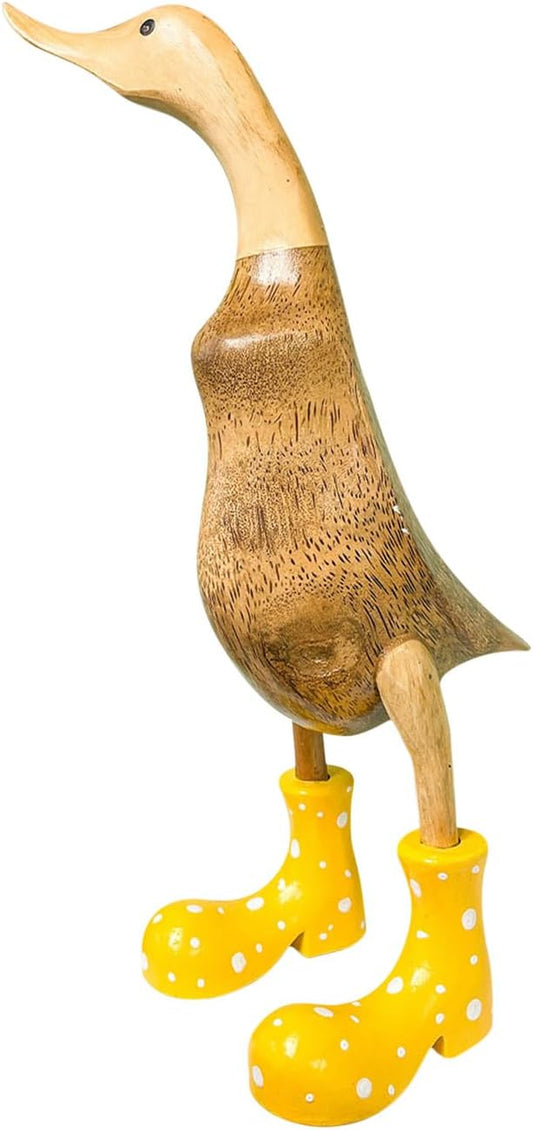 Wooden Crafted Duck Figurine with Spotty Wellies Funny Standing Duck Statues Decorative Resin Rain Boot Animal Sculpture Collectible Crafts Waterproof Garden Lawn Ornament (Yellow, 9.8Inch)