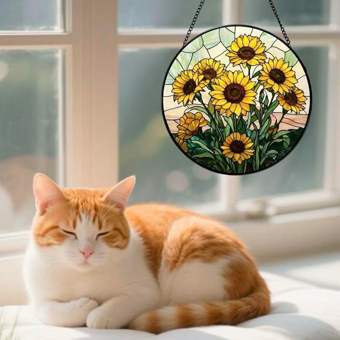 Stained Glass Window Hanging - Sunflowers Pattern 7.8 Inches Suncatcher for Garden Home Decor for Women Mon Grandma Friends